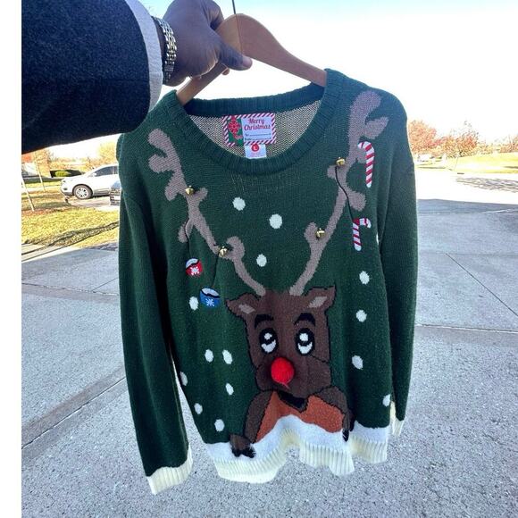 Merry Christmas Rudolph The Red Nose Reindeer Ugly Christmas Bells Sweater Large - Picture 7 of 10